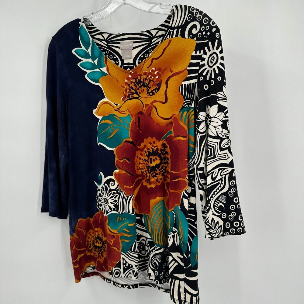Chicos‎ Womens Maximalist Bold Floral Top Size 0 US S Boho Eclectic Indie Artsy